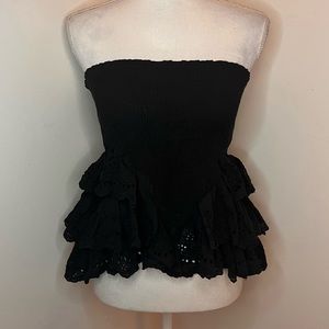 Black strapless tube top black boho mini skirt ruffles size 2